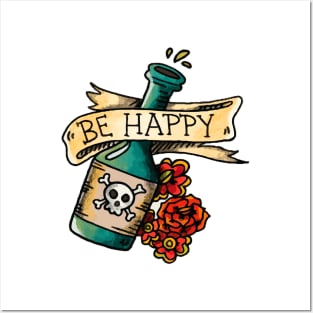 BE HAPPY: Poison Bottle and Roses Old Tattoo Concept Posters and Art